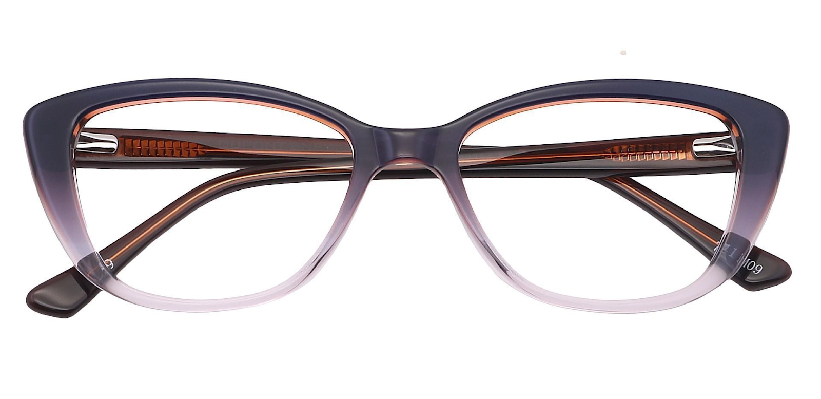 A pair of purple and white glasses with cat eye-shaped frames.