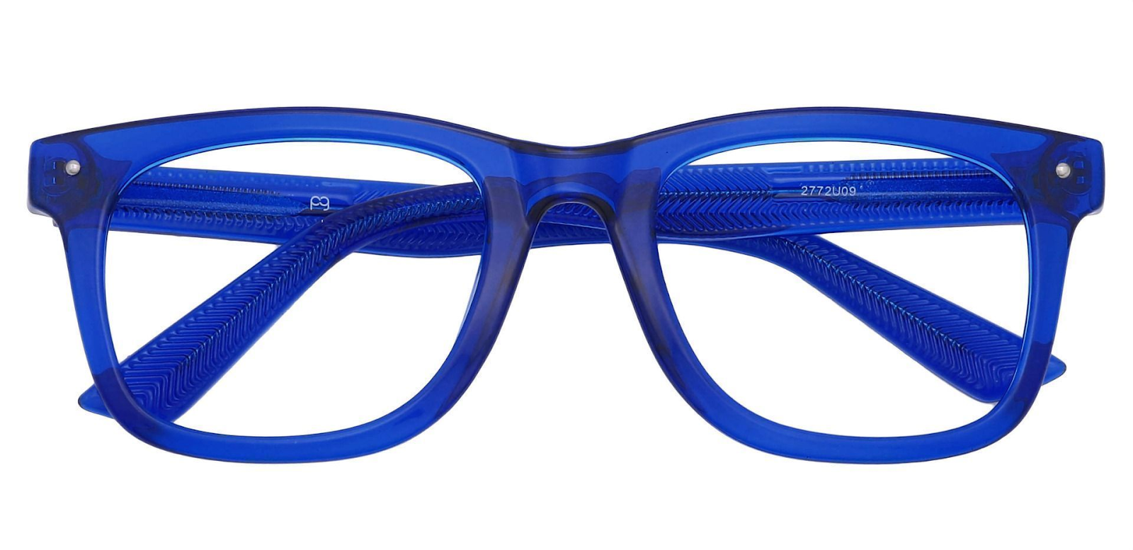 A pair of glasses with blue McKinley Square frames.