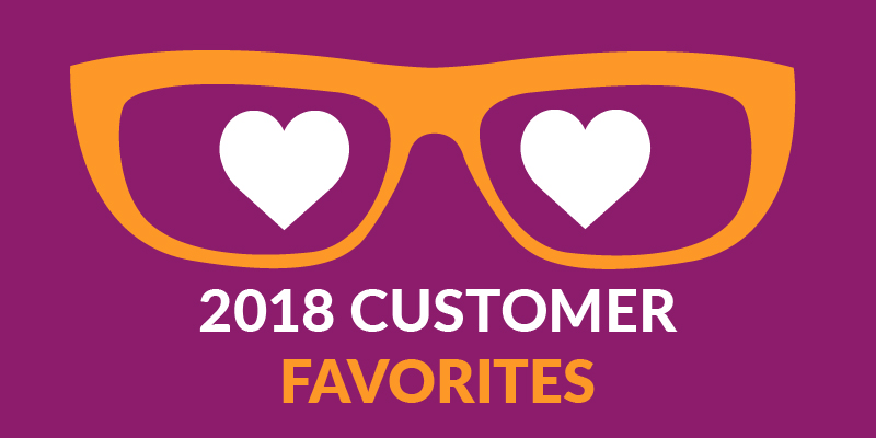 An illustration of orange glasses against a purple background with white hearts inside the lenses. Text below reads 2018 Customer Favorites.