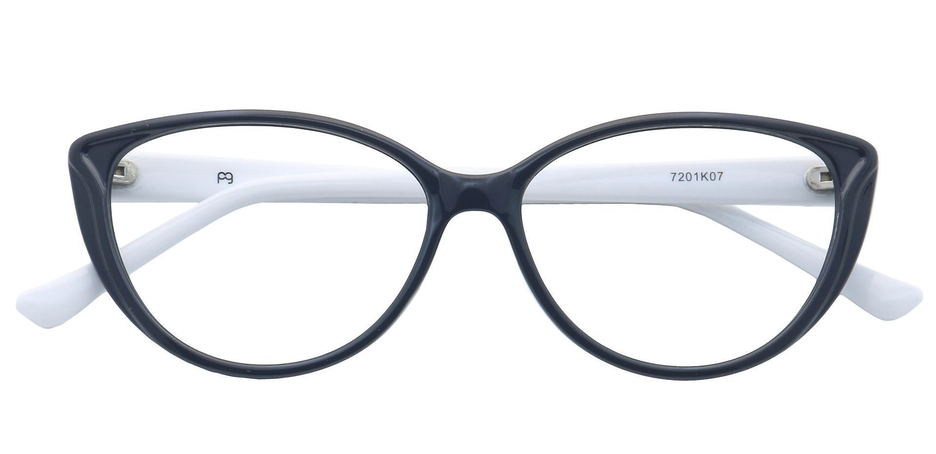 A pair of glasses with cat eye-style frames.