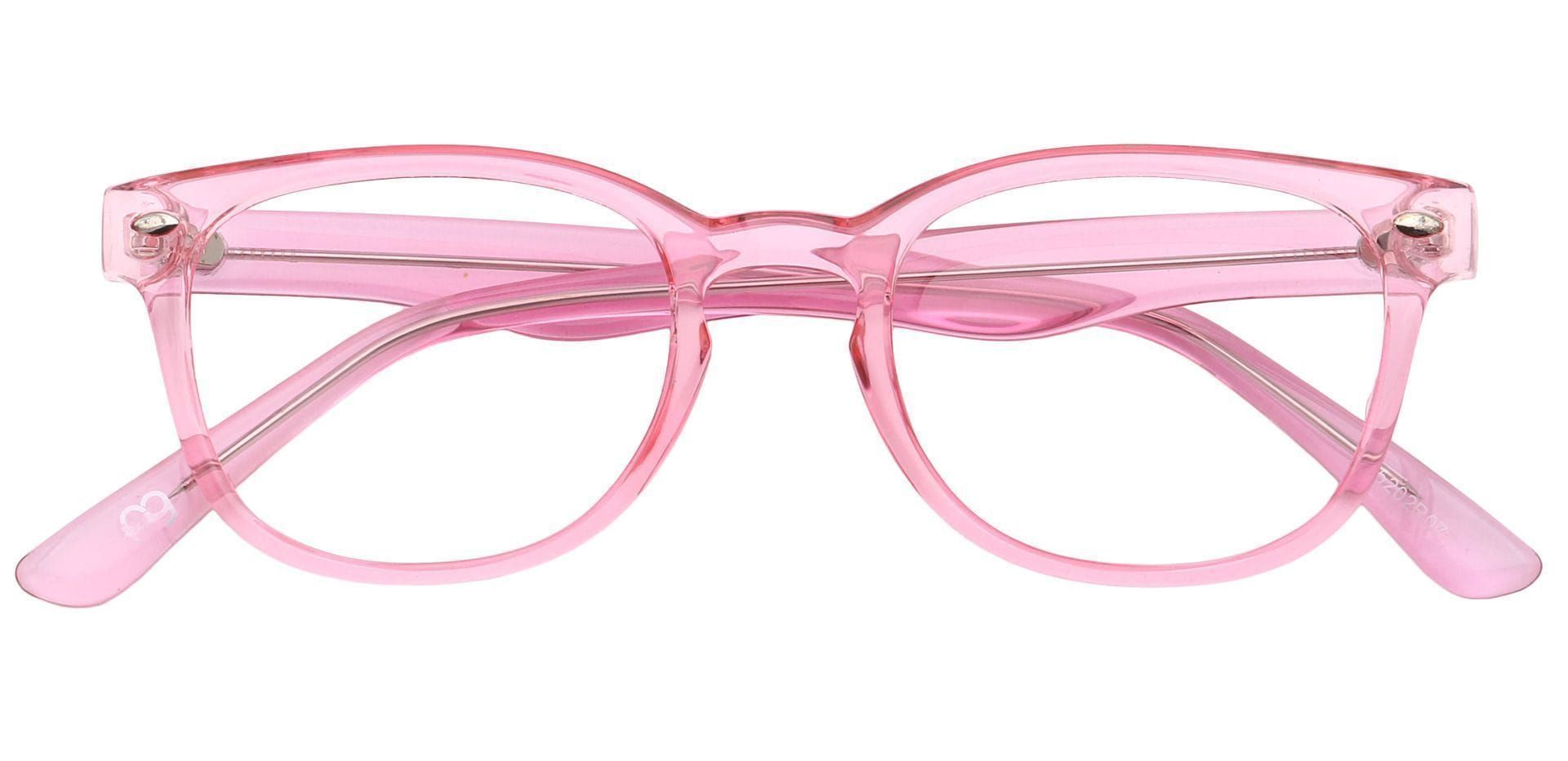 A pair of glasses with pink rounded frames.