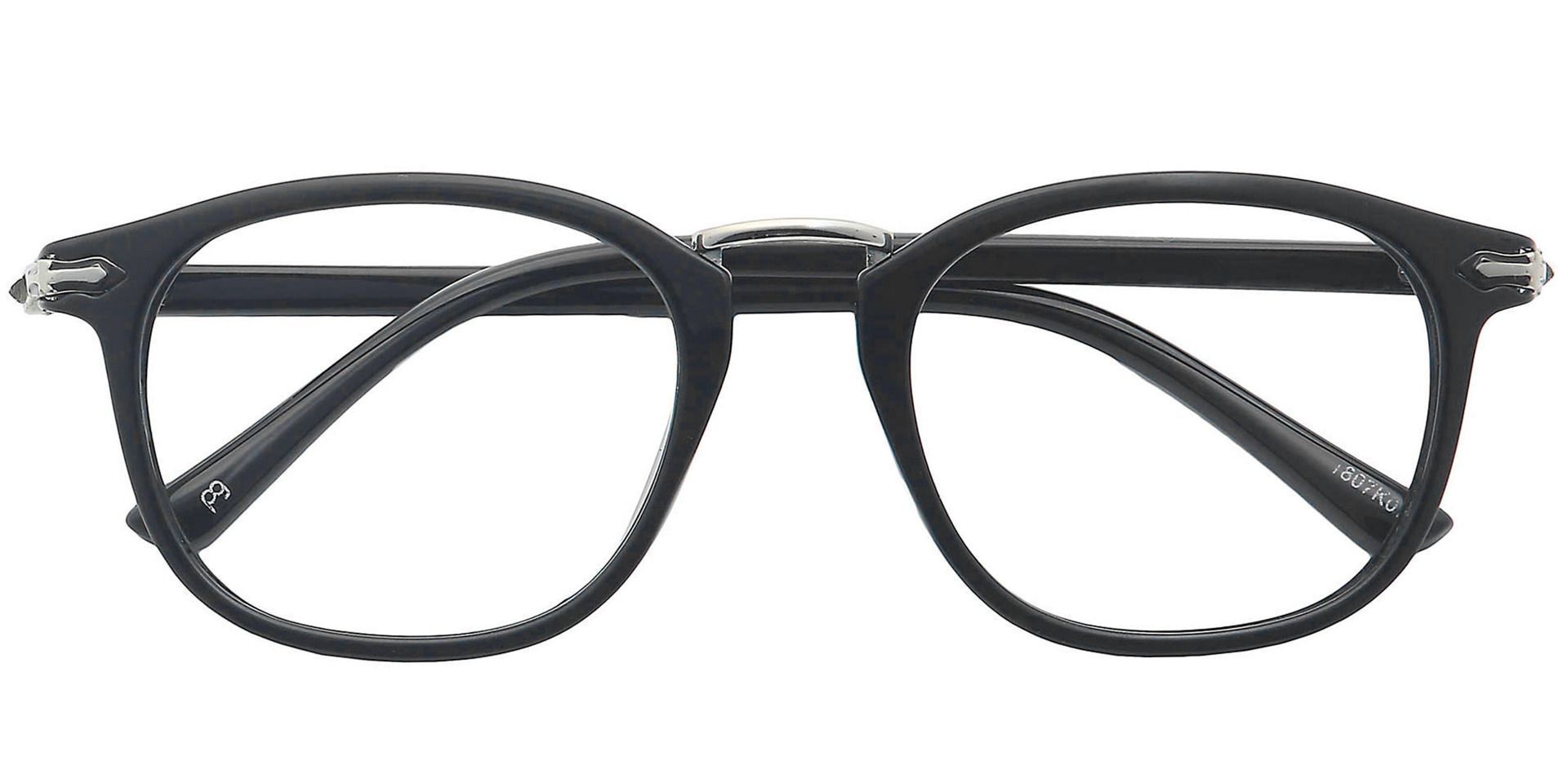 A pair of glasses with black, rounded frames.