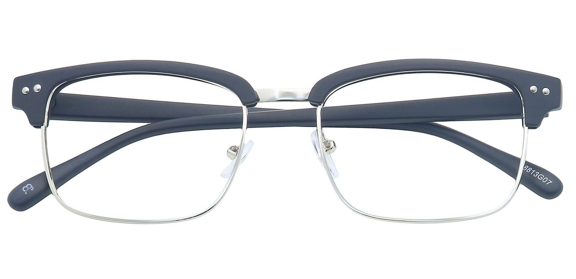 A pair of glasses with black Prestige Browline frames.
