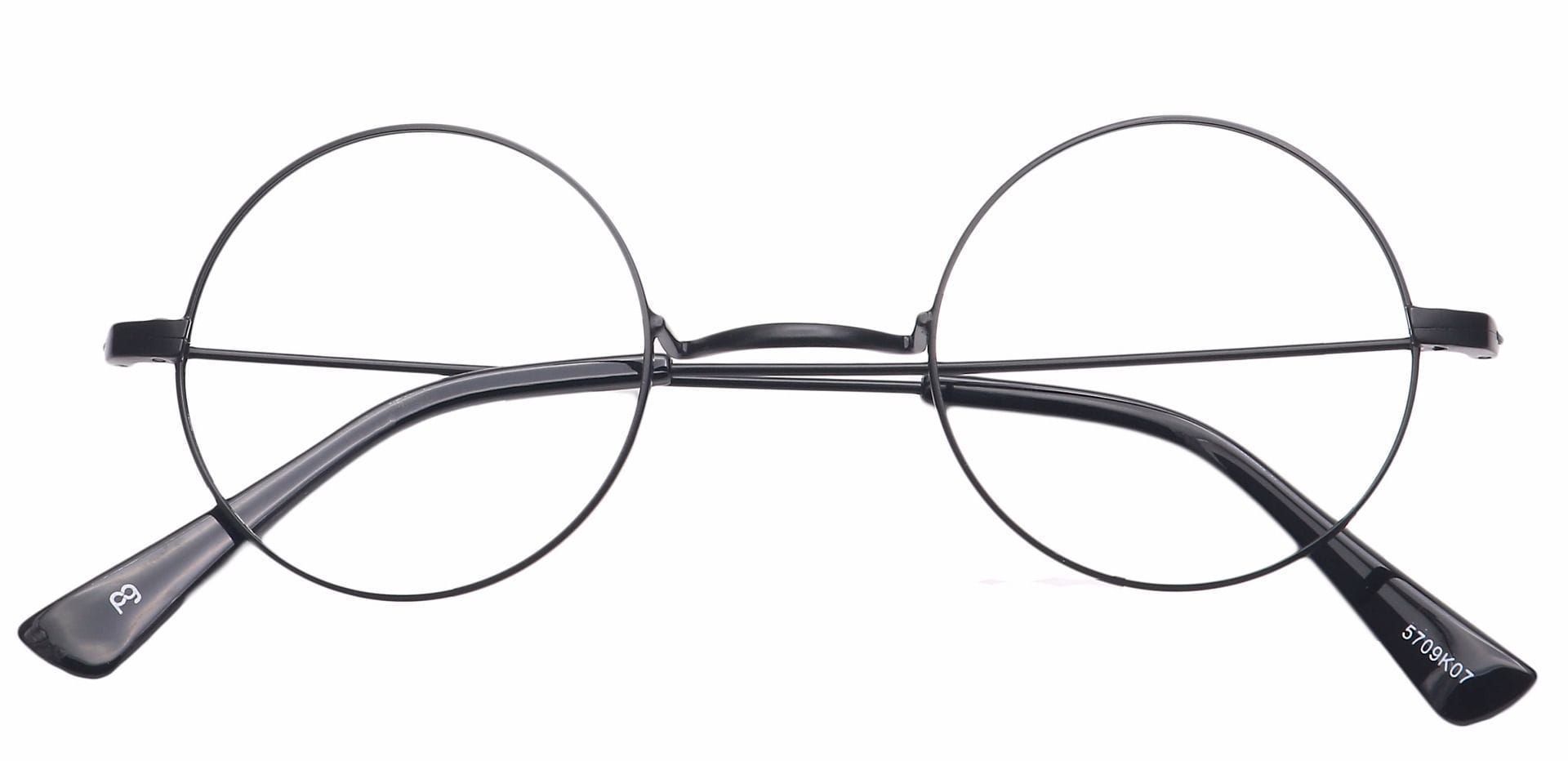A pair of glasses with black, rounded frames.